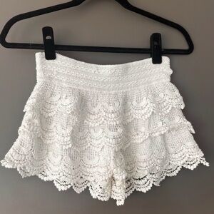 White Embroidered Tiered Frilly Floral Detail Shorts
